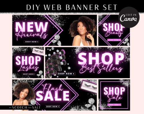 DIY Neon Pink Web Banners, Web Design Kit, Hair Lash Beauty Makeup Website Slider Banner Template, Diamond Website Store Category banner set