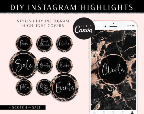 Black Marble Instagram Highlights Covers, DIY INSTAGRAM HIGHLIGHT Icon Covers Branding, Instagram Icon Template, diy Insta Story Icons