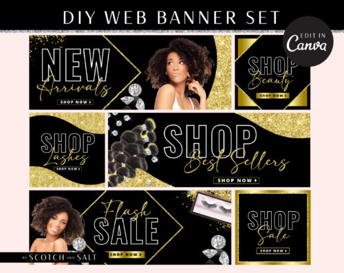 Gold Glitter Web Banners, Web Design Kit, Hair Lash Beauty Makeup Website Slider Banner Template, Website Store Category banner set