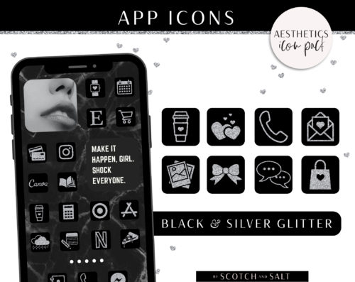 App Icons IOS 14 App Covers, IOS 14 Widgets, Black Silver Glitter Icons, Aesthetic iPhone Home Screen, IOS14 App Icon Pack
